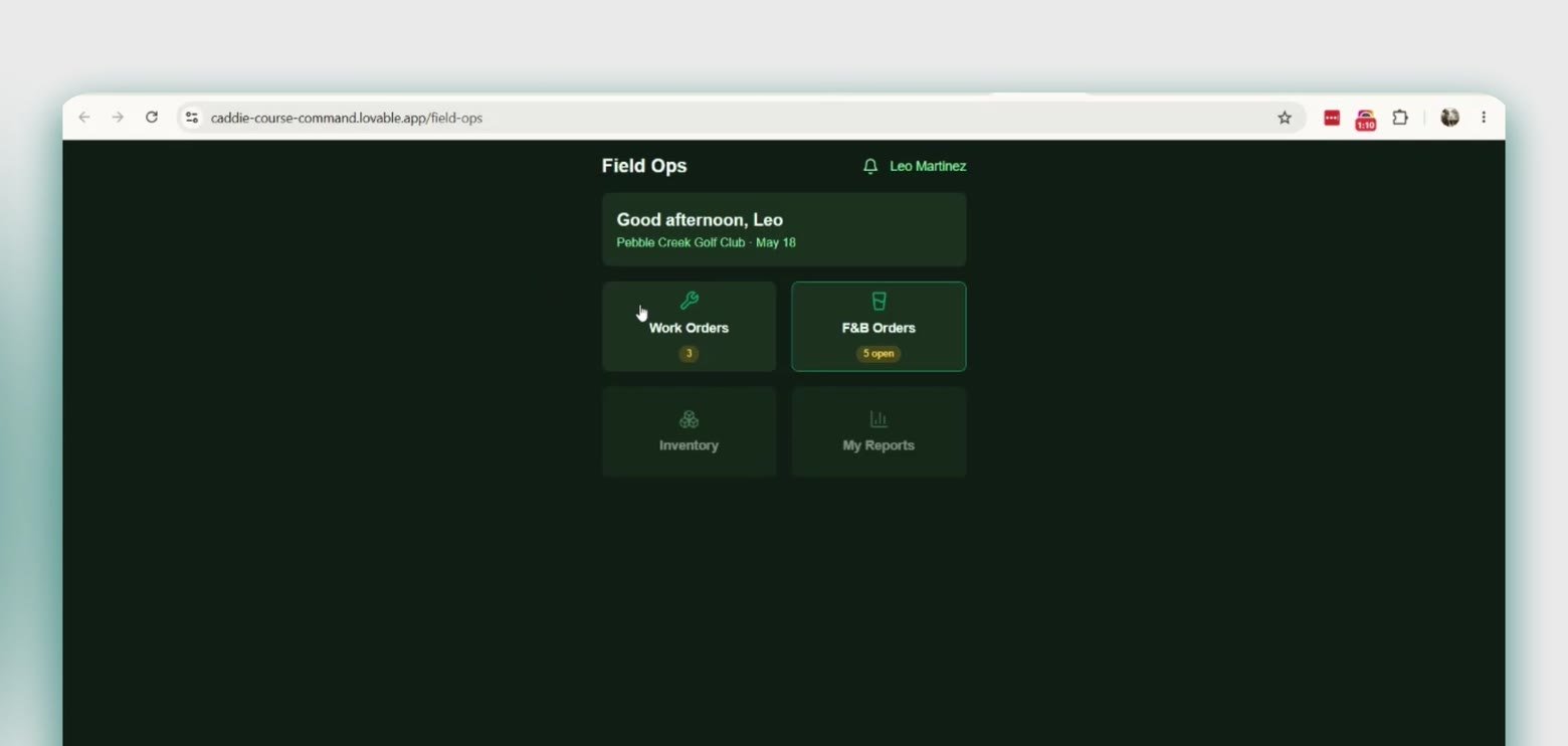 CaddieOS field ops mobile home screen