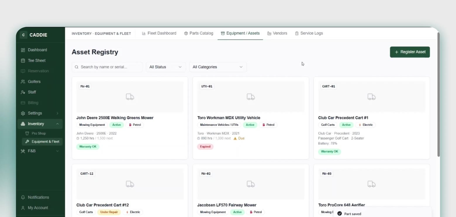 CaddieOS fleet asset registry
