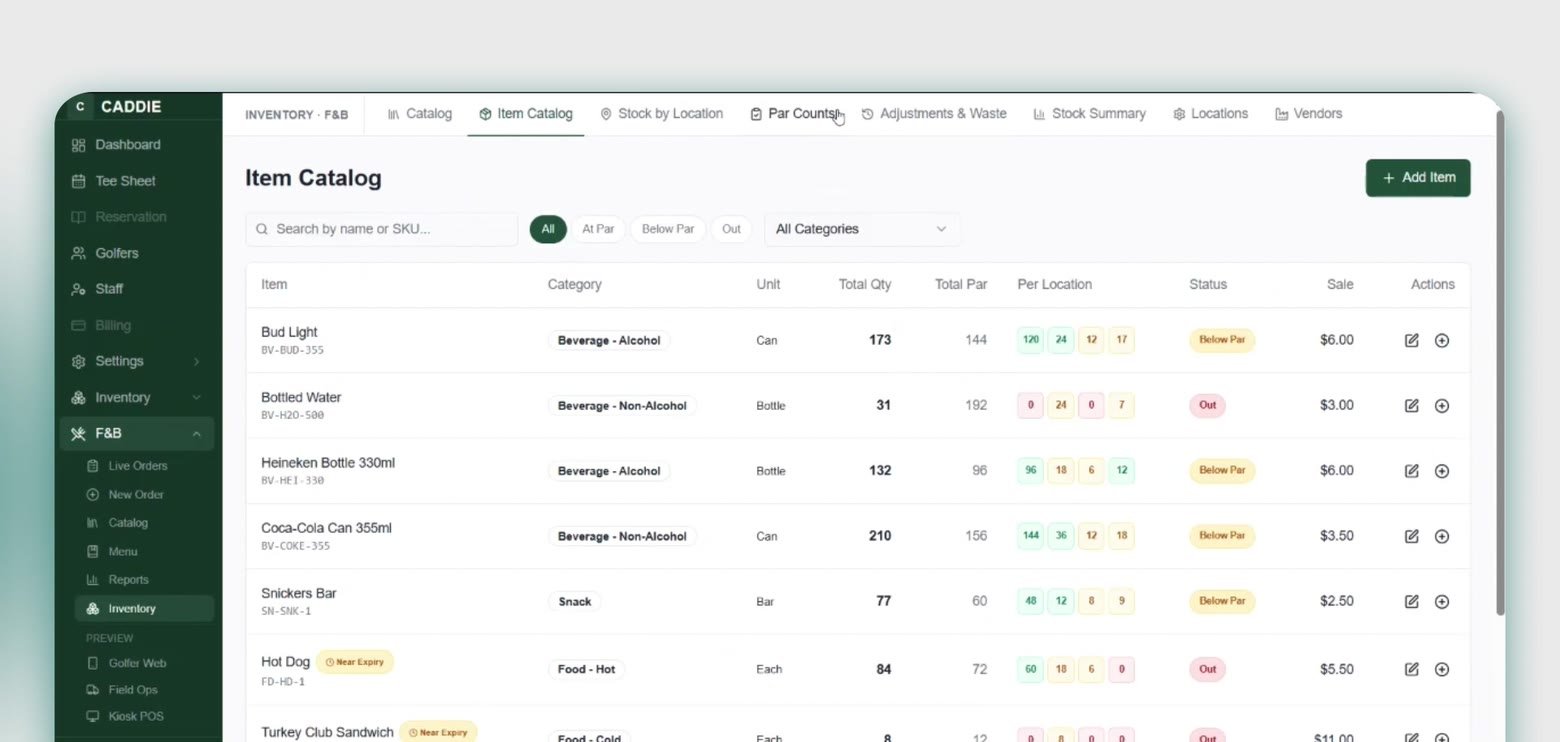 CaddieOS inventory item catalog with par levels