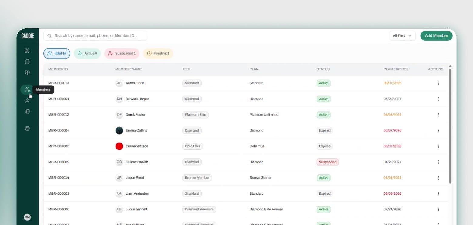 CaddieOS membership directory with tiers and status